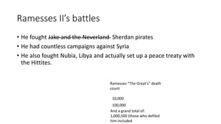 Ramesses II’s battles 
• He fought Jake and the Neverland Sherdan pirates 
• He had countless campaigns against Syria 
• He also fought Nubia, Libya and actually set up a peace treaty with 
the Hittites. 
Ramesses “The Great's” death 
count 
10,000 
100,000 
And a grand total of: 
1,000,500 (those who defiled 
him included 
 