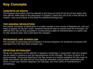 Key Concepts CONCEPTS OF DEATH The Egyptian fascination with the afterlife is the focus of much of the art of this region and time period. Refer back to the discussion in Chapter 2 about the use of art in the service of religion. Look up the Book of the Dead for additional background. THE AMARNA REVOLUTION The artistic revolution of Akhenaten is a major concept in the survey of Egyptian art, and one likely to appear on the AP* exam. Students should be able to explain how art of Dynasty 18 differed from the art that preceded it. Constructing a table of characteristics is a useful way to help students learn and understand the changes. PATRONAGE AND SYMBOLISM The concepts of patronage and symbolism in ancient Egyptian art should be compared with examples from the Near East (Chapter 2a). EGYPTIAN MYTHOLOGY S tudy the importance of the afterlife in Egyptian mythology in conjunction with this chapter can be useful in helping to see the pervasiveness of this concept. The story of Osiris is a good example. The annual flooding of the Nile serves as a loaded metaphor for this cycle of death and rebirth. Be able discuss how Egyptian pharaohs used symbols associated with Osiris in their own funeral trappings—for example, the inner coffin of Tutankhamun's sarcophagus. 