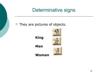 10
Determinative signs
 They are pictures of objects.
King
Man
Woman
 