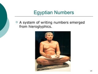 14
Egyptian Numbers
 A system of writing numbers emerged
from hieroglyphics.
 