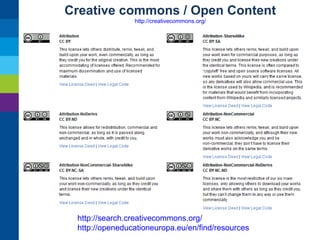 Creative commons / Open Content
http://creativecommons.org/

http://search.creativecommons.org/
http://openeducationeuropa.eu/en/find/resources

 