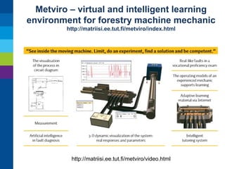 Metviro – virtual and intelligent learning
environment for forestry machine mechanic
http://matriisi.ee.tut.fi/metviro/index.html

http://matriisi.ee.tut.fi/metviro/video.html

 
