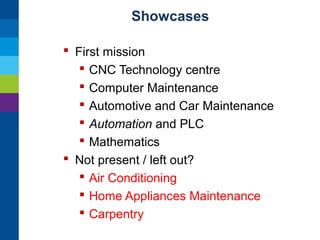 Showcases
 First mission
 CNC Technology centre
 Computer Maintenance
 Automotive and Car Maintenance
 Automation and PLC
 Mathematics
 Not present / left out?
 Air Conditioning
 Home Appliances Maintenance
 Carpentry

 