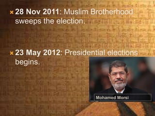  28 Nov 2011: Muslim Brotherhood
sweeps the election.
 23 May 2012: Presidential elections
begins.
Mohamed Morsi
 