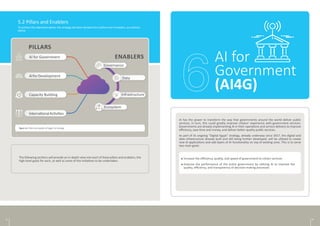 PILLARS
ENABLERS
AI for Government
Governance
Data
Infrastructure
AIforDevelopment
Capacity Building
InternationalActivities
Ecosystem
5.2 Pillars and Enablers
To achieve the objectives above, the strategy has been divided into 4 pillars and 4 enablers, as outlined
below.
Figure 15: Pillars and enablers of Egypt’s AI Strategy
The following sections will provide an in-depth view into each of these pillars and enablers, the
high-level goals for each, as well as some of the initiatives to be undertaken.
AI for
Government
(AI4G)
AI has the power to transform the way that governments around the world deliver public
services. In turn, this could greatly improve citizens’ experience with government services.
Governments are already implementing AI in their operations and service delivery to improve
efficiency, save time and money, and deliver better quality public services.
As part of its ongoing “Digital Egypt” strategy, already underway since 2017, the digital and
data infrastructure already built and still being further developed, will be utilized to create
new AI applications and add layers of AI functionality on top of existing ones. This is to serve
two main goals:
Increase the efficiency, quality, and speed of government-to-citizen services
Improve the performance of the entire government by utilizing AI to improve the
quality, efficiency, and transparency of decision-making processes
25 26
 