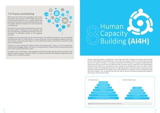 7.6 Finance and Banking
With more than 70% of the population still to have
formal financial accounts, 22.4% of SMEs have access
to financing and with the rise in mobile wallets and
payments, AI provides an unprecedented opportunity
to expedite financial inclusion for both businesses
and individuals.
AICreditScoringcancreatescorecardstotheinformal
financing sectors, creating access to financing, and
thus empowering un-bankable individuals and small
businesses to contribute greatly to the Egyptian
economy.
Creating a formal credit bureau for the informal sector, that utilizes the power of AI to score people
and businesses with no credit history, to access financing, and then providing creditors access to
such services, could have great impact on micro financiers, lenders and farmers as well who could
opt for seed financing.
Certainly, it is just scoring that hinders lenders from giving loans. There is a lot of bureaucracy
involved that disengages askers, and there is a long Know Your Customer (KYC) processes that could
be cut short using AI based KYC as well.
To enable such a technology, a well-regulated consortium of data sharing needs to be built, from
telecom providers, banks, consumer lenders, to create a nationwide alternative scoring bureau, that
enables such an ambitious project.
Human
Capacity
Building (AI4H)
Human capacity building is arguably the most important pillar of Egypt’s AI strategy, and possibly
also the most difficult to fully implement. Due to the wide range of AI actors and the roles they play
across an AI system’s lifecycle, it is prudent to develop a full framework for capacity building that will
take into account not just the more traditional roles of a data scientist, a Machine Learning developer,
researcher and others, but also adjacent roles needed on AI development teams, as well as within
society at large. The following chart shows a rough distribution of technical and non-technical roles
typically associated with AI. The width of the rung indicates the relative number of people who fall
into each category. This framework will then be used to derive and develop appropriate programs
and courses at the various levels.
NON-TECHNICAL ROLES
TECHNICAL ROLES
Data Architects
MLOps & QA
Knowledge Engineers
Data Scientists
Machine Learning Engineers (/Specialists)
Data Analysts/Engineers
General Software Developers
(not in scope, included for illustrative purposes)
Leaders
Non-Tech Professionals
Non-STEM University Students
School Children
General Public
Figure 19: Relative distribution of technical and non-technical AI-related roles
35 36
 