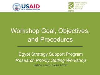 Workshop Goal, Objectives,
and Procedures
Egypt Strategy Support Program
Research Priority Setting Workshop
MARCH 2, 2016 | CAIRO, EGYPT
 