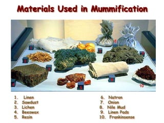 Materials Used in Mummification
1. Linen 6. Natron
2. Sawdust 7. Onion
3. Lichen 8. Nile Mud
4. Beeswax 9. Linen Pads
5. Resin 10. Frankinsense
 