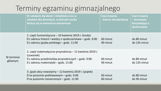 Terminy egzaminu gimnazjalnego
W szkołach dla dzieci i młodzieży oraz w
szkołach dla dorosłych, w których nauka
kończy się w semestrze wiosennym
Czas trwania
- Arkusz standardowy
Czas trwania
- Uczniowie
korzystający z
dostosowań
W terminie
głównym
1. część humanistyczna – 10 kwietnia 2019 r. (środa)
z zakresu historii i wiedzy o społeczeństwie – godz. 9:00
z zakresu języka polskiego – godz. 11:00
60 minut
90 minut
do 80 minut
do 135 minut
2. część matematyczno-przyrodnicza – 11 kwietnia 2019 r.
(czwartek)
z zakresu przedmiotów przyrodniczych – godz. 9:00
z zakresu matematyki – godz. 11:00
60 minut
90 minut
do 80 minut
do 135 minut
3. język obcy nowożytny – 12 kwietnia 2019 r. (piątek)
na poziomie podstawowym – godz. 9:00
na poziomie rozszerzonym – godz. 11:00
60 minut
60 minut
do 80 minut
do 90 minut
 