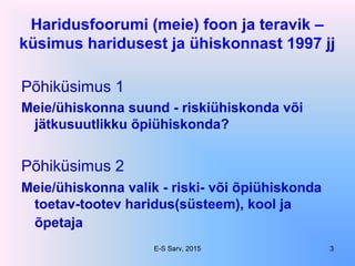 Haridusfoorumi (meie) foon ja teravik –
küsimus haridusest ja ühiskonnast 1997 jj
Põhiküsimus 1
Meie/ühiskonna suund - riskiühiskonda või
jätkusuutlikku õpiühiskonda?
Põhiküsimus 2
Meie/ühiskonna valik - riski- või õpiühiskonda
toetav-tootev haridus(süsteem), kool ja
õpetaja
E-S Sarv, 2015 3
 