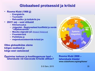 Globaalsed protsessid ja kriisid
• Rooma Klubi (1968 jj)
– Energiakriis
– Tuumaoht
– Rahvastiku- ja toidukriis jne
• 20/21 saj – uusi ohtusid
– Kliimamuutus
– Julgeolek - Regionaalsed konfliktid ja nende
“väljakasvamine” ...
– Meedia-vägivald (sh Distant Violence)
– Finantskriisid
– Poliitiliste ja
– majandussüsteemide kriisid jm
Olles globaalkülas oleme
kõiges osalised ja
kõige eest vastutavad
Õppimise iseloom ja koolikogemuse laad –
lahenduste või kasvavate kriiside allikas?
Rooma Klubi 2008 –
lahenduste klaster
www.clubofrome.org/eng/home/
E-S Sarv, 2015 35
 