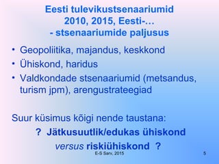 Eesti tulevikustsenaariumid
2010, 2015, Eesti-…
- stsenaariumide paljusus
• Geopoliitika, majandus, keskkond
• Ühiskond, haridus
• Valdkondade stsenaariumid (metsandus,
turism jpm), arengustrateegiad
Suur küsimus kõigi nende taustana:
? Jätkusuutlik/edukas ühiskond
versus riskiühiskond ?
E-S Sarv, 2015 5
 