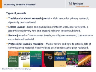 Publishing Scientific Research



      Types of journals
      • Traditional academic research journal – Main venue for primary research,
          rigorously peer-reviewed.
      • Letters journal – Rapid communication of interim work, peer-reviewed, a
          good way to get very new and ongoing research initially published.
      • Review journal – Covers current trends, usually peer-reviewed, contains some
          commissioned material.
      • Professional journal / magazine – Mainly review and how-to articles, lots of
          commissioned material, heavily edited but not necessarily peer-reviewed.




Elizabeth Hawkins – Editor Chemistry @ Springer
 