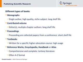 Publishing Scientific Research



      Different types of books
      • Monographs
        – Single author, high quality, niche subject: long shelf life
      • Contributed volume
        – Editor(s), multiple chapter authors: long shelf life
      • Proceedings
        – Proceeding are collected papers from a conference: short shelf life
      • Textbooks
        – Written for a specific higher education course: high usage
      • Reference Works, Encyclopedia, Handbook or Atlas
        – Comprehensive and complete: tertiary literature
        – Often A-Z format
Elizabeth Hawkins – Editor Chemistry @ Springer
 