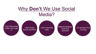 I don’t like social
media / don’t get
it
I don’t know
how to use them
Balance between
work and
personal
I don’t have the
time
Why Don’t We Use Social
Media?
I’m worried I’ll do
it wrong.
 