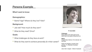 What I want to know:
Demographics:
• Name? Age? Where do they live? Kids?
Background:
• Job role? How much do they earn?
• What do they read? Drive?
Goals:
• What challenges do they face at work?
• What do they want to achieve personally & in their career?
Persona Example
IT Journalist
Challenges:
Being ahead of the latest geek trends,
stock news, tech gossip, being found out.
Wants:
Google Glass, Bylines in the nationals, her
big break.
Reads The Register, Guardian Tech,
gizmodo, TC, Mashable, Buzzfeed,
NextWeb
Uses r/tech, Google+, Twitter & Facebook
 