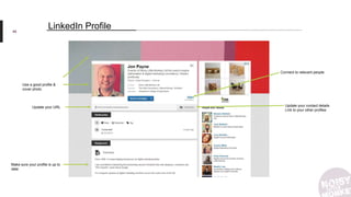 46
Use a good profile &
cover photo
Update your contact details
Link to your other profiles
LinkedIn Profile
Make sure your profile is up to
date
Connect to relevant people
Update your URL
 