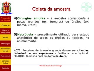 Métodos de estudo em histologia
Coleta da amostra
4)Cirurgias amplas – a amostra corresponde a
peças grandes (ex. tumores) ou órgãos (ex.
mama, útero);
5)Necrópsia – procedimento utilizado para estudo
anatômico de todos os órgãos ou tecidos, no
animal morto.
NOTA: Amostras de tamanho grande devem ser clivadas,
reduzindo a sua espessura – facilita a penetração do
FIXADOR. Tamanho final em torno de 4mm.
Preparação
de lâminas
Coloração
Histo- e
citoquímica
Imuno
Hibridação
Microscopia
de luz
Fluorescência
Contraste
de fase
Eletrônica
 