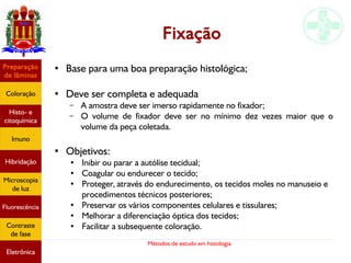 Métodos de estudo em histologia
Fixação
● Base para uma boa preparação histológica;
● Deve ser completa e adequada
– A amostra deve ser imerso rapidamente no fixador;
– O volume de fixador deve ser no mínimo dez vezes maior que o
volume da peça coletada.
●
Objetivos:
●
Inibir ou parar a autólise tecidual;
●
Coagular ou endurecer o tecido;
● Proteger, através do endurecimento, os tecidos moles no manuseio e
procedimentos técnicos posteriores;
●
Preservar os vários componentes celulares e tissulares;
●
Melhorar a diferenciação óptica dos tecidos;
●
Facilitar a subsequente coloração.
Preparação
de lâminas
Coloração
Histo- e
citoquímica
Imuno
Hibridação
Microscopia
de luz
Fluorescência
Contraste
de fase
Eletrônica
 