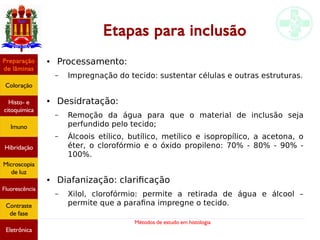 Métodos de estudo em histologia
Etapas para inclusão
● Processamento:
– Impregnação do tecido: sustentar células e outras estruturas.
● Desidratação:
– Remoção da água para que o material de inclusão seja
perfundido pelo tecido;
– Álcoois etílico, butílico, metílico e isopropílico, a acetona, o
éter, o clorofórmio e o óxido propileno: 70% - 80% - 90% -
100%.
● Diafanização: clarificação
– Xilol, clorofórmio: permite a retirada de água e álcool –
permite que a parafina impregne o tecido.
Preparação
de lâminas
Coloração
Histo- e
citoquímica
Imuno
Hibridação
Microscopia
de luz
Fluorescência
Contraste
de fase
Eletrônica
 