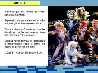 Individuo que cria formas de repre-
sentação na ARTE.
Expressão de pensamentos e valo-
res para gerar estimulo e distração.
Domina técnicas formais ou inusita-
das de produção aplicadas a diver-
sos meios de comunicação.
Explora novas formas de percepção
e interpretação sobre a forma ou
objeto de produção artística.
I. CATS – Musical Broadway, EUA.
ARTISTA
 