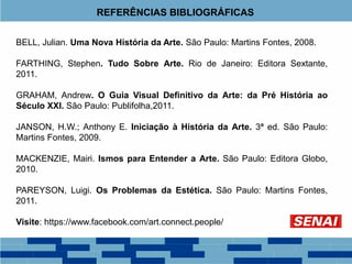 REFERÊNCIAS BIBLIOGRÁFICAS
BELL, Julian. Uma Nova História da Arte. São Paulo: Martins Fontes, 2008.
FARTHING, Stephen. Tudo Sobre Arte. Rio de Janeiro: Editora Sextante,
2011.
GRAHAM, Andrew. O Guia Visual Definitivo da Arte: da Pré História ao
Século XXI. São Paulo: Publifolha,2011.
JANSON, H.W.; Anthony E. Iniciação à História da Arte. 3ª ed. São Paulo:
Martins Fontes, 2009.
MACKENZIE, Mairi. Ismos para Entender a Arte. São Paulo: Editora Globo,
2010.
PAREYSON, Luigi. Os Problemas da Estética. São Paulo: Martins Fontes,
2011.
Visite: https://www.facebook.com/art.connect.people/
 