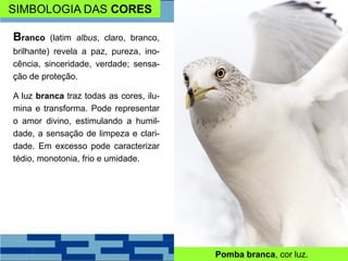 SIMBOLOGIA DAS CORES
Branco (latim albus, claro, branco,
brilhante) revela a paz, pureza, ino-
cência, sinceridade, verdade; sensa-
ção de proteção.
A luz branca traz todas as cores, ilu-
mina e transforma. Pode representar
o amor divino, estimulando a humil-
dade, a sensação de limpeza e clari-
dade. Em excesso pode caracterizar
tédio, monotonia, frio e umidade.
Pomba branca, cor luz.
 