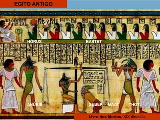 EGITO ANTIGO
Livro dos Mortos. XIX dinastia.
ANÚBIS THOTMAAT
HÓRUS BASTET
SEBEK
 