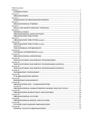 Table of contents
Lecture 1.................................................................................................................................................. 1
INTRODUCTION............................................................................................................................ 1
Lecture 2 ................................................................................................................................................. 6
ORGANIZATIONS........................................................................................................................... 6
Lecture 3 ................................................................................................................................................. 8
DIMESNIONS OF ORGANIZATION DESIGN ......................................................................... 8
Lesson 4 ................................................................................................................................................ 10
ORGANIZATIONAL PURPOSE.................................................................................................. 10
Lecture 5 ............................................................................................................................................... 12
MILES AND SNOW’S STRATEGY TYPOLOGY....................................................................... 12
Lecture 6 ............................................................................................................................................... 14
MISSION & GOALS ....................................................................................................................... 14
ORGANIZATIONAL EFFECTIVENESS ................................................................................... 18
ORGANIZATION STRUCTURE................................................................................................. 22
Lecture 9 ............................................................................................................................................... 26
ORGANIZATION STRUCTURE (contd.) .................................................................................. 26
Lecture 10.............................................................................................................................................. 30
ORGANIZATION STRUCTURE (contd.) .................................................................................. 30
Lecture 11 .......................................................................................................................................... 34
THE EXTERNAL ENVIRONMENT ......................................................................................... 34
Lecture 12.............................................................................................................................................. 39
EXTERNAL ENVIRONMENT (contd.)..................................................................................... 39
Lecture 13.............................................................................................................................................. 43
ORGANIZATIONAL ECOSYSTEMS.......................................................................................... 43
Lecture 14.............................................................................................................................................. 53
MANUFACTURING AND SERVICE TECHNOLOGIES ....................................................... 53
Lecture 15.............................................................................................................................................. 57
MANUFACTURING AND SERVICE TECHNOLOGIES (CONTD.) ................................... 57
Lecture 16.............................................................................................................................................. 60
MANUFACTURING AND SERVICE TECHNOLOGIES (CONTD.) ................................... 60
Lecture 17.............................................................................................................................................. 66
INFORMATION TECHNOLOGY .............................................................................................. 66
Lecture 18.............................................................................................................................................. 71
IT & ORGANIZATION DESIGN ................................................................................................ 71
Lecture 19.............................................................................................................................................. 74
KNOWLEDGE MANAGEMENT................................................................................................. 74
Lecture 20.............................................................................................................................................. 79
ORGANIZATION SIZE – IS BIGGER BETTER?..................................................................... 79
Lecture 21.......................................................................................................................................... 81
ORGANIZATIONAL CHARACTERISTICS DURING THE LIFE CYCLE.......................... 81
Lecture 22.............................................................................................................................................. 84
ORGANIZATION BUREAUCRACY AND CONTROL............................................................ 84
Lecture 23.............................................................................................................................................. 86
ORGANIZATIONAL CULTURE................................................................................................. 86
Lecture24............................................................................................................................................... 87
ORGANIZATIONAL DESIGN AND CULTURE...................................................................... 87
Lecture 25.............................................................................................................................................. 91
CULTURE AND LEARNING ORGANIZATION..................................................................... 91
Lecture 26.............................................................................................................................................. 93
ETHICAL VALUES IN ORGANIZATIONS .............................................................................. 93
 
