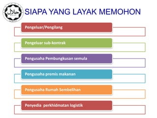 SIAPA YANG LAYAK MEMOHON
Pengeluar/Pengilang


Pengeluar sub-kontrak


Pengusaha Pembungkusan semula


Pengusaha premis makanan


Pengusaha Rumah Sembelihan


Penyedia perkhidmatan logistik
 