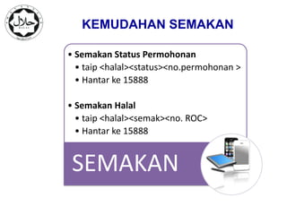 KEMUDAHAN SEMAKAN

• Semakan Status Permohonan
  • taip <halal><status><no.permohonan >
  • Hantar ke 15888

• Semakan Halal
  • taip <halal><semak><no. ROC>
  • Hantar ke 15888


 SEMAKAN
             www.halal.gov.my
 
