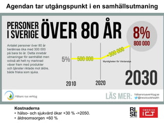 Myndigheten för Vårdanalys
Kostnaderna
• hälso- och sjukvård ökar +30 % ->2050.
• äldreomsorgen +60 %
Agendan tar utgångspunkt i en samhällsutmaning
 