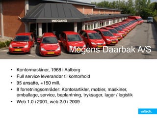 Mogens Daarbak A/S"

•  Kontormaskiner, 1968 i Aalborg"
•  Full service leverandør til kontorhold"
•  95 ansatte, +150 mill."
•  8 forretningsområder: Kontorartikler, møbler, maskiner,
   emballage, service, beplantning, tryksager, lager / logistik"
•  Web 1.0 i 2001, web 2.0 i 2009"
 