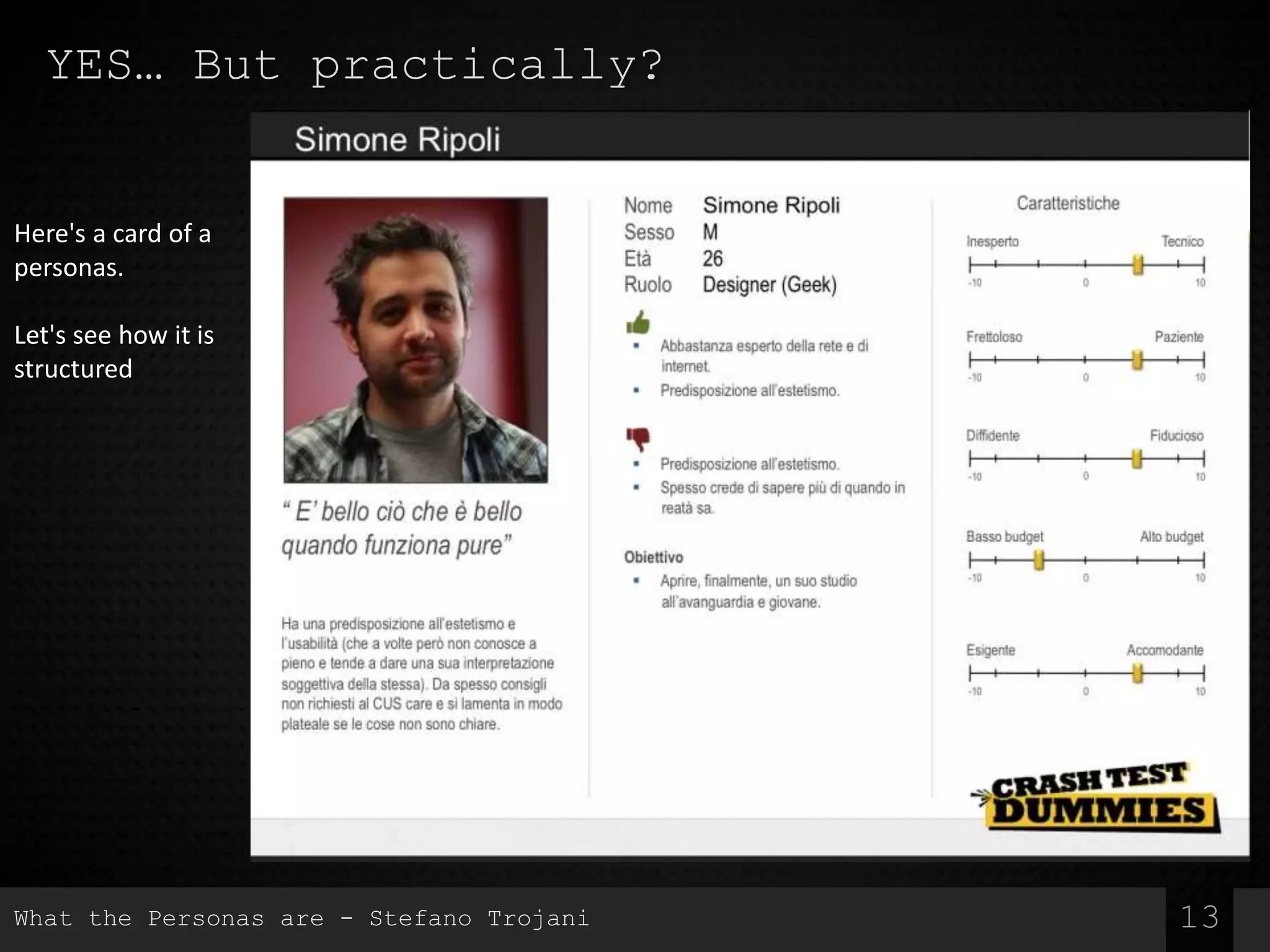 YES… But practically?
13
Here's a card of a
personas.
Let's see how it is
structured
What the Personas are - Stefano Trojani
 