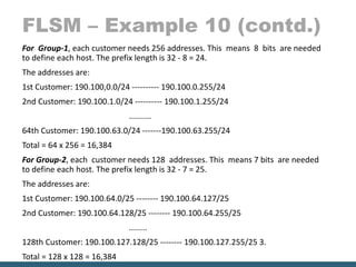 FLSM – Example 10 (contd.)
For Group-1, each customer needs 256 addresses. This means 8 bits are needed
to define each host. The prefix length is 32 - 8 = 24.
The addresses are:
1st Customer: 190.100,0.0/24 ---------- 190.100.0.255/24
2nd Customer: 190.100.1.0/24 ---------- 190.100.1.255/24
..........
64th Customer: 190.100.63.0/24 -------190.100.63.255/24
Total = 64 x 256 = 16,384
For Group-2, each customer needs 128 addresses. This means 7 bits are needed
to define each host. The prefix length is 32 - 7 = 25.
The addresses are:
1st Customer: 190.100.64.0/25 -------- 190.100.64.127/25
2nd Customer: 190.100.64.128/25 -------- 190.100.64.255/25
........
128th Customer: 190.100.127.128/25 -------- 190.100.127.255/25 3.
Total = 128 x 128 = 16,384
 