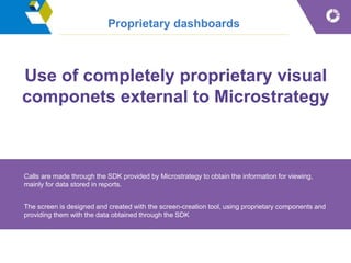 Proprietary dashboards
Use of completely proprietary visual
componets external to Microstrategy
Calls are made through the SDK provided by Microstrategy to obtain the information for viewing,
mainly for data stored in reports.
The screen is designed and created with the screen-creation tool, using proprietary components and
providing them with the data obtained through the SDK
 