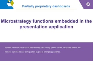 Partially proprietary dashboards
Microstrategy functions embedded in the
presentation application
Includes functions that support Microstrategy data mining (Alerts, Goals, Dropdown Menus, etc).
Includes stylesheets and configuration plugins to change appearance.
 