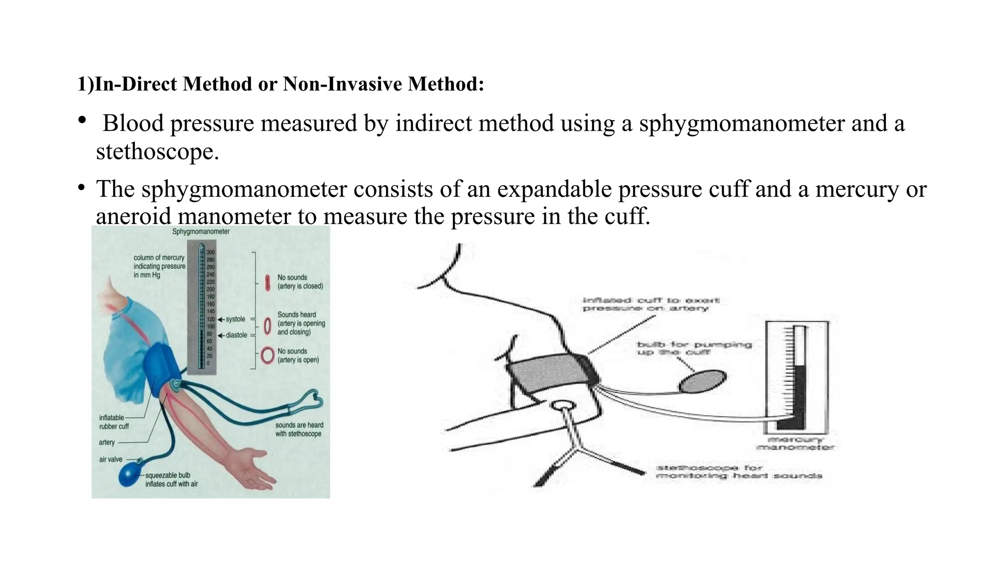 1)In-Direct Method or Non-Invasive Method:
• Blood pressure measured by indirect method using a sphygmomanometer and a
stethoscope.
• The sphygmomanometer consists of an expandable pressure cuff and a mercury or
aneroid manometer to measure the pressure in the cuff.
 