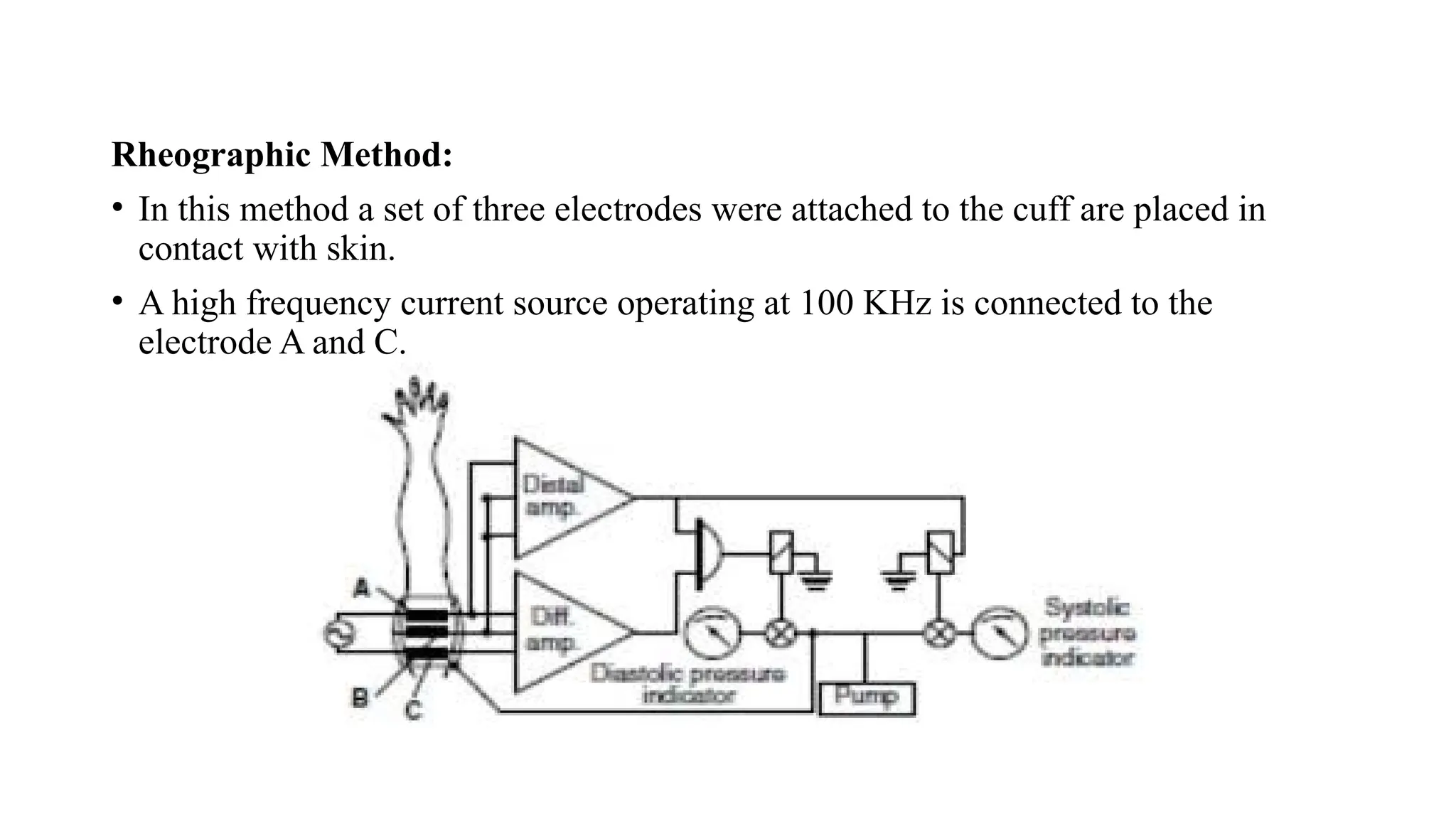 Rheographic Method:
• In this method a set of three electrodes were attached to the cuff are placed in
contact with skin.
• A high frequency current source operating at 100 KHz is connected to the
electrode A and C.
 