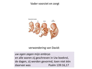 Vader voorziet en zorgt
uw ogen zagen mijn embryo
en alle waren zij geschreven in Uw boekrol,
de dagen, zij werden gevormd, toen niet één
daarvan was Psalm 139:16,17
verwondering van David:
 
