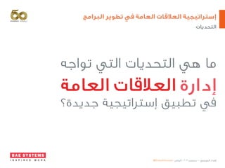 ‫البرامج‬ ‫تطوير‬ ‫في‬ ‫العامة‬ ‫العالقات‬ ‫إستراتيجية‬
@EhdaaAlmusawi ‫الرياض‬ - ٢٠١٦ ‫ديسمبر‬ - ‫الموسوي‬ ‫إهداء‬
‫تواجه‬ ‫التي‬ ‫التحديات‬ ‫هي‬ ‫ما‬
‫العامة‬ ‫العالقات‬ ‫إدارة‬
‫جديدة؟‬ ‫إستراتيجية‬ ‫تطبيق‬ ‫في‬
‫التحديات‬
 