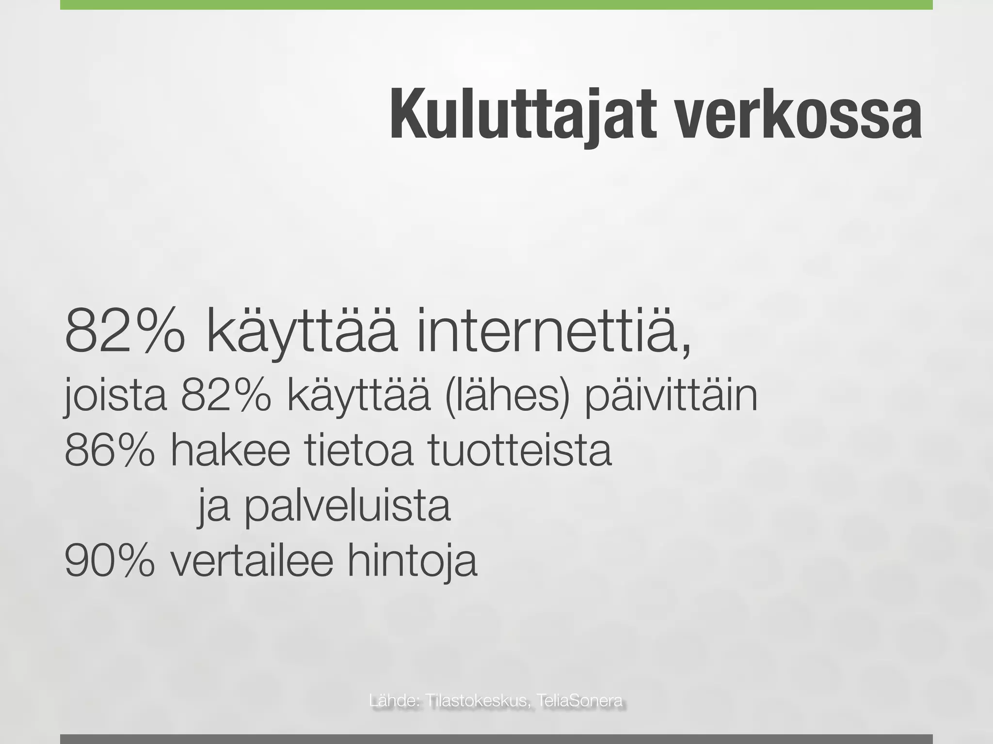 Kuluttajat verkossa
82% käyttää internettiä,
joista 82% käyttää (lähes) päivittäin
86% hakee tietoa tuotteista
	 	 	 ja palveluista
90% vertailee hintoja
Lähde: Tilastokeskus, TeliaSonera
 
