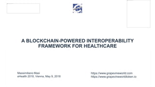 A BLOCKCHAIN-POWERED INTEROPERABILITY
FRAMEWORK FOR HEALTHCARE
https://www.grapevineworld.com
https://www.grapevineworldtoken.io
Massimiliano Masi
eHealth 2018, Vienna, May 9, 2018
 