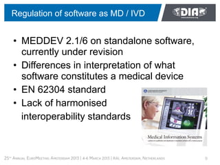 Regulation of software as MD / IVD


• MEDDEV 2.1/6 on standalone software,
  currently under revision
• Differences in in...