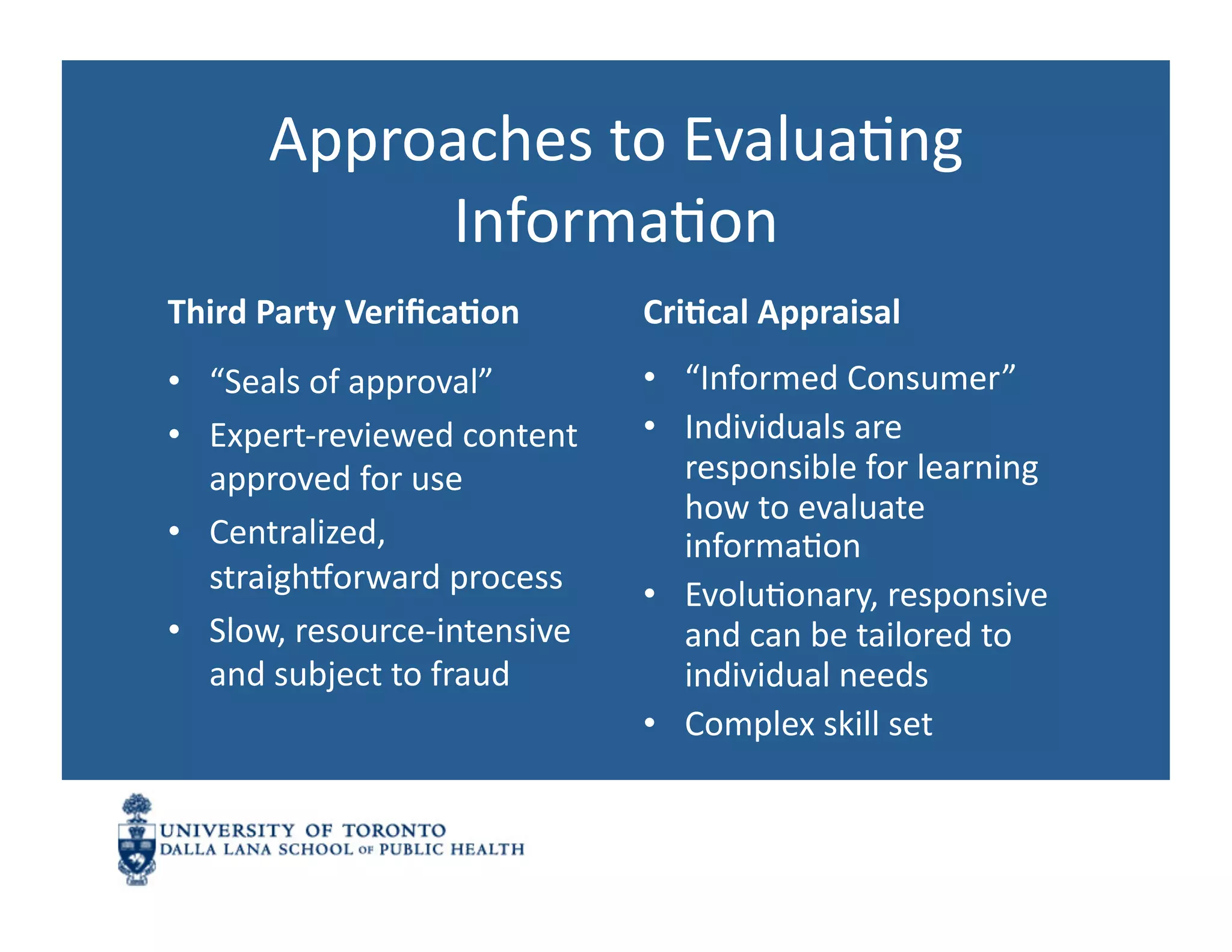 Approaches	
  to	
  EvaluaNng	
  
              InformaNon	
  
Third	
  Party	
  Veriﬁca1on	
         Cri1cal	
  Appraisal	
  
•  “Seals	
  of	
  approval”	
         •  “Informed	
  Consumer”	
  
•  Expert-­‐reviewed	
  content	
      •  Individuals	
  are	
  
   approved	
  for	
  use	
               responsible	
  for	
  learning	
  
                                          how	
  to	
  evaluate	
  
•  Centralized,	
                         informaNon	
  
   straighyorward	
  process	
         •  EvoluNonary,	
  responsive	
  
•  Slow,	
  resource-­‐intensive	
        and	
  can	
  be	
  tailored	
  to	
  
   and	
  subject	
  to	
  fraud	
        individual	
  needs	
  
                                       •  Complex	
  skill	
  set	
  
 