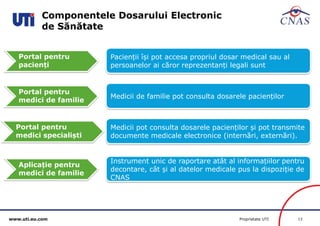 www.uti.eu.com Proprietate UTI 13 
Componentele Dosarului Electronic 
de Sănătate 
Portal pentru 
pacienți 
Pacienții își pot accesa propriul dosar medical sau al 
persoanelor ai căror reprezentanți legali sunt 
Portal pentru 
medici de familie 
Medicii de familie pot consulta dosarele pacienților 
Portal pentru 
medici specialiști 
Medicii pot consulta dosarele pacienților și pot transmite 
documente medicale electronice (internări, externări). 
Aplicație pentru 
medici de familie 
Instrument unic de raportare atât al informațiilor pentru 
decontare, cât și al datelor medicale pus la dispoziție de 
CNAS 
 