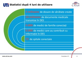 www.uti.eu.com Proprietate UTI 16 
Statistici după 4 luni de utilizare 
3 milioane de dosare de sănătate create 
10 milioane de documente medicale 
transmise în DES 
4.800 de medici de familie conectați 
6.000 de medici care au contribuit cu 
informație în DES 
72 de spitale conectate 
 