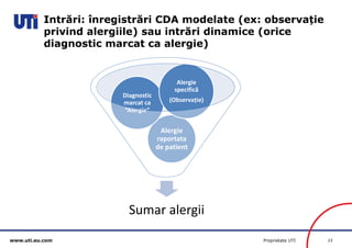 www.uti.eu.com Proprietate UTI 23 
Intrări: înregistrări CDA modelate (ex: observație 
privind alergiile) sau intrări dinamice (orice 
diagnostic marcat ca alergie) 
Sumar alergii 
Alergie 
raportata 
de patient 
Diagnostic 
marcat ca 
“Alergie” 
Alergie 
specifică 
(Observație) 
 