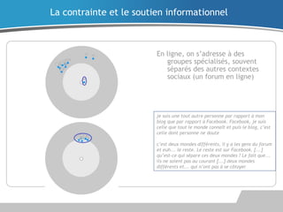 En ligne, on s’adresse à des
groupes spécialisés, souvent
séparés des autres contextes
sociaux (un forum en ligne)
La contrainte et le soutien informationnel
je suis une tout autre personne par rapport à mon
blog que par rapport à Facebook. Facebook, je suis
celle que tout le monde connaît et puis le blog, c’est
celle dont personne ne doute
c’est deux mondes différents, il y a les gens du forum
et euh... le reste. Le reste est sur Facebook. [...]
qu’est-ce qui sépare ces deux mondes ? Le fait que...
ils ne soient pas au courant [...] deux mondes
différents et... qui n’ont pas à se côtoyer
 