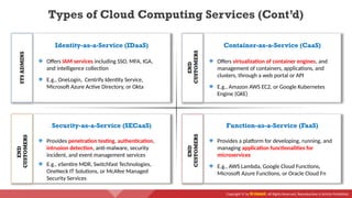 Copyright © by EC-Council. All Rights Reserved. Reproduction is Strictly Prohibited.
Types of Cloud Computing Services (Cont’d)
Function-as-a-Service (FaaS)
Provides a platform for developing, running, and
managing application functionalities for
microservices
E.g., AWS Lambda, Google Cloud Functions,
Microsoft Azure Functions, or Oracle Cloud Fn
END
CUSTOMERS
Security-as-a-Service (SECaaS)
Provides penetration testing, authentication,
intrusion detection, anti-malware, security
incident, and event management services
E.g., eSentire MDR, Switchfast Technologies,
OneNeck IT Solutions, or McAfee Managed
Security Services
END
CUSTOMERS
Identity-as-a-Service (IDaaS)
Offers IAM services including SSO, MFA, IGA,
and intelligence collection
E.g., OneLogin, Centrify Identity Service,
Microsoft Azure Active Directory, or Okta
SYS
ADMINS
Container-as-a-Service (CaaS)
Offers virtualization of container engines, and
management of containers, applications, and
clusters, through a web portal or API
E.g., Amazon AWS EC2, or Google Kubernetes
Engine (GKE)
END
CUSTOMERS
 